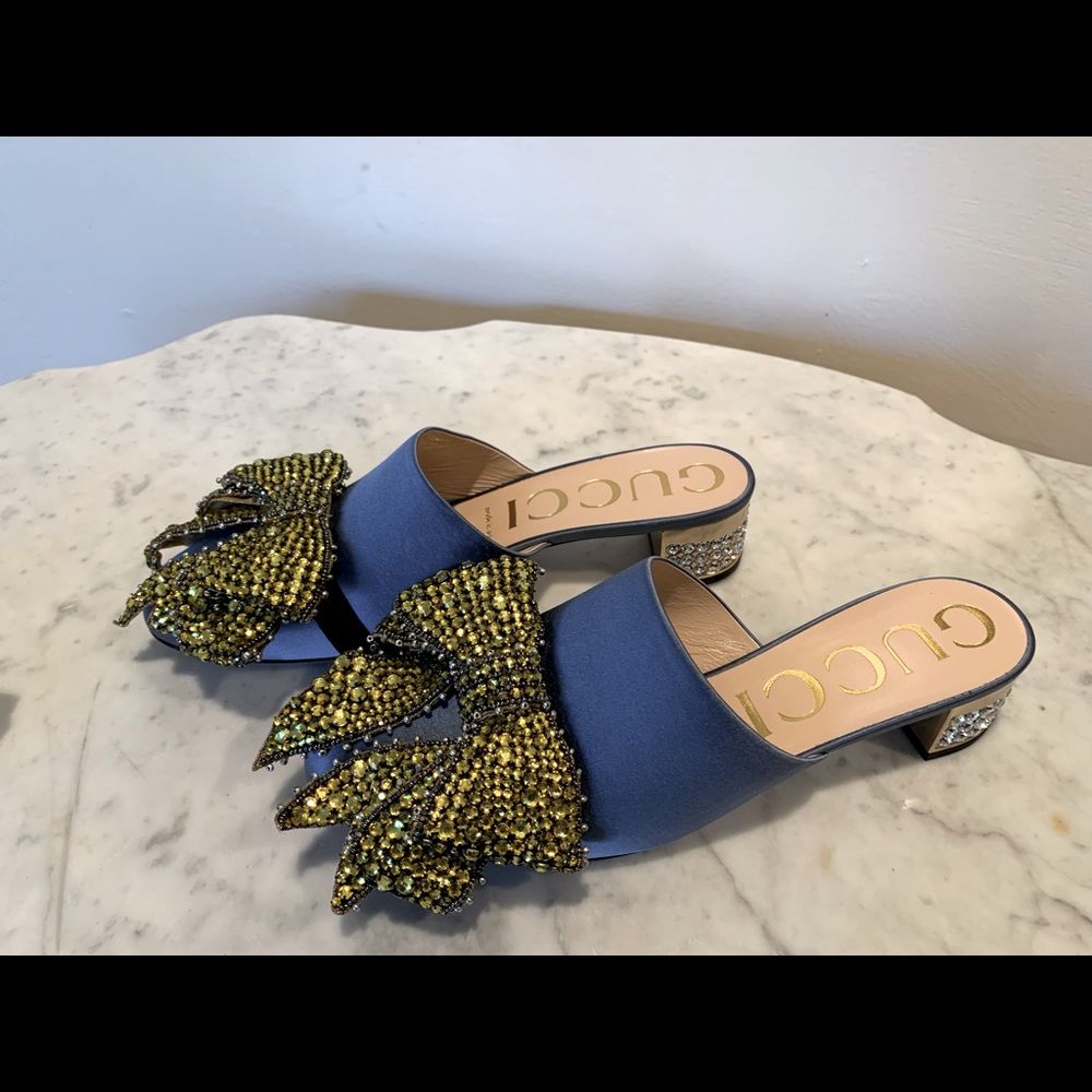 Gucci Blue Satin Candy Bow Embellished Mule